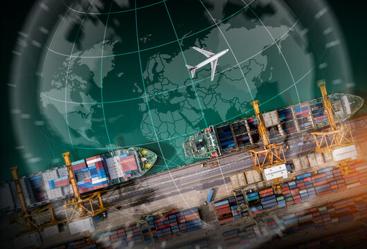 Aerial view and top view cargo plane flying above ship port coverage world map import-export business and logistics international goods. Shipping cargo to harbor by crane