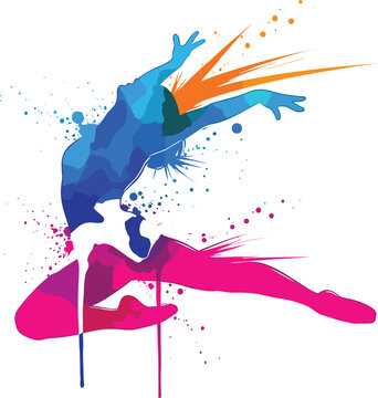 Colorful abstract dancer silhouette with vibrant paint splashes, dynamic movement illustration, artistic splash effect design for creative modern poster backgrounds