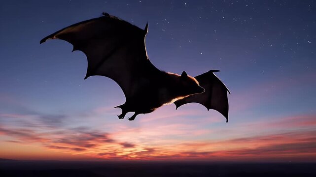 A large bat glides gracefully through the twilight sky
