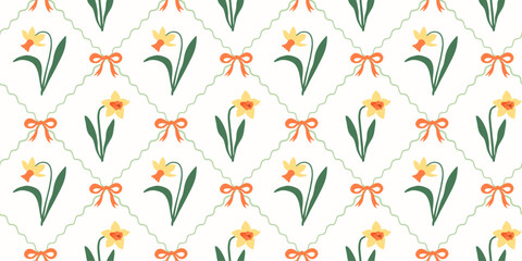 Hand drawn floral coquette seamless pattern with narcissus