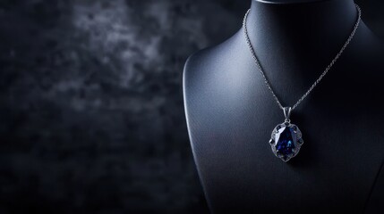 elegantly draped with a sapphire pendant necklace, the luxurious design emphasized by a dark moody background, 