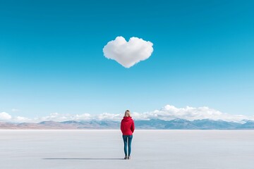 Person in Red Jacket Gazing at Heart-Shaped Cloud in Clear Blue Sky Over White Landscape