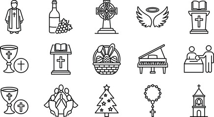 Christian worship line icons set with priest cross communion bible church ceremony faith vector illustration outline © MstRokeya
