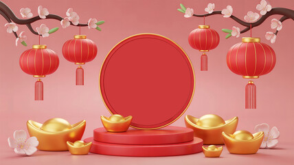 3D Chinese New Year Podium Display with Gold Ingots, Red Lanterns, and Cherry Blossoms