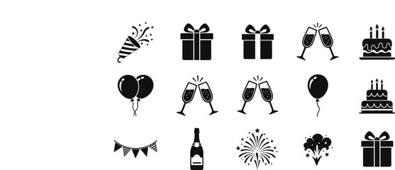 Celebration and party icon set featuring balloons, gifts, champagne glasses, fireworks, birthday cakes, festive elements in modern black silhouette style