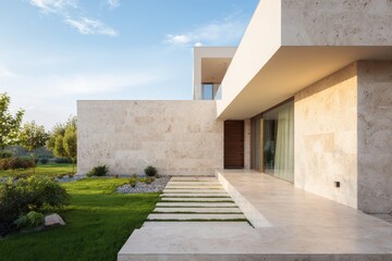 Naklejka premium A stunning modern architectural marvel showcasing minimalist design and luxurious outdoor living spaces under a bright sky