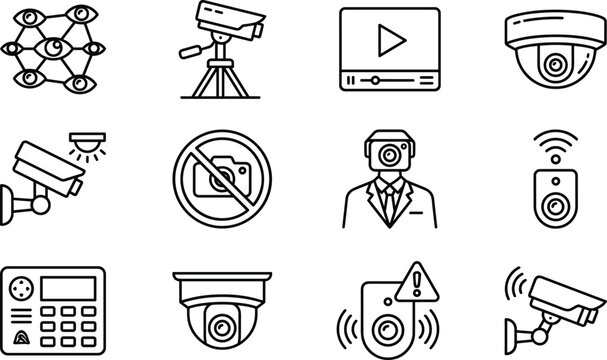 CCTV security surveillance line icons set for monitoring cameras video protection system smart technology vector illustration collection