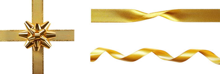 Golden ribbon and bow against a white background. The ribbon concept of luxury and elegance. The bow concept of celebration and festivity.
