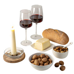 Cozy Wine & Snack Setting with Candlelight on transparent background