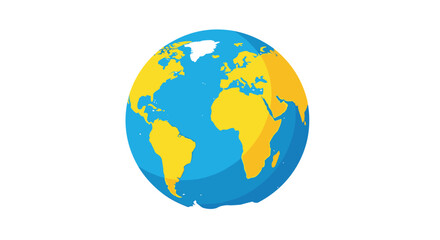 Fototapeta premium Simple flat cartoon illustration of planet Earth with yellow continents and blue oceans, showing Africa, Europe, and Asia.