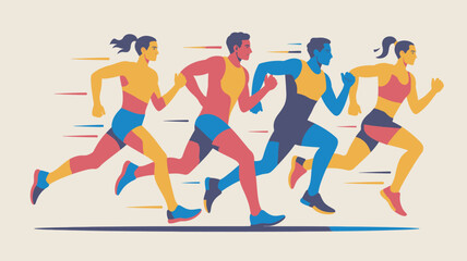 Four diverse runners sprint together in colorful athletic uniforms with energetic motion