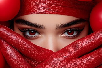 Close-Up Portrait of Woman with Bold Red Makeup and Accessories Against Dark Background
