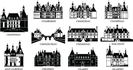 Obraz premium Famous French Castles and Chateaux Silhouettes Set, Vector Collection of European Historical Architecture, Landmark, Travel, Tourism, Black Shape.