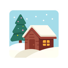 Winter house covered in snow vector illustration with pine trees landscape