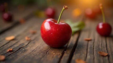 Ripe red cherries on rustic wood fruit food