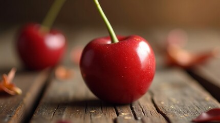 Ripe red cherries on rustic wood fruit food