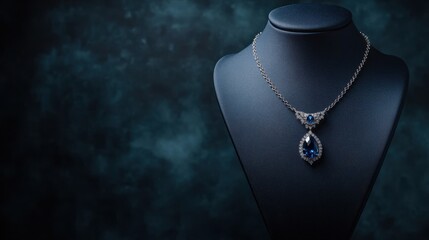 A stylish mannequin torso elegantly draped with a sapphire pendant necklace, on blurred background