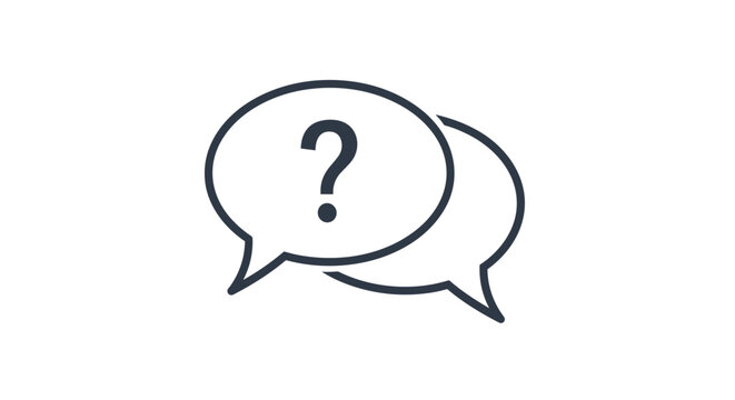 Simple line art icon of two speech bubbles with a question mark, representing a question, query, support, or FAQ section.