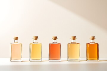 Five Glass Bottles with Wooden Lids Displaying Various Shades of Liquid on a Bright Surface