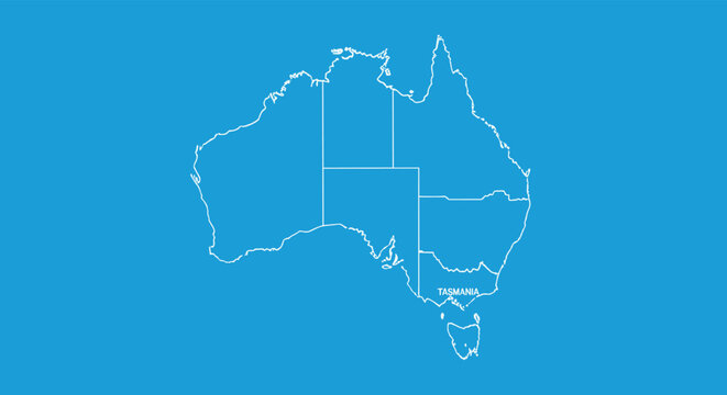 Minimalist white outline map of Australia with its states and territories, including Tasmania, on a solid blue background.