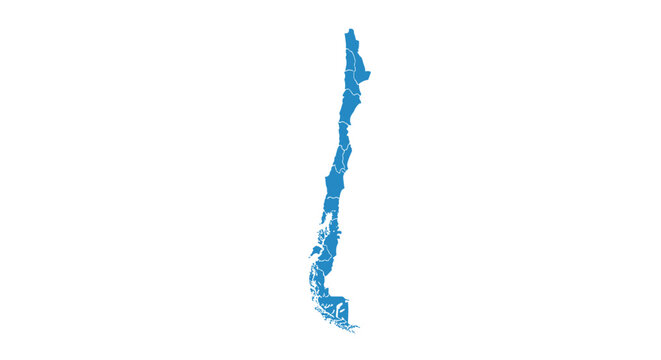 A blue silhouette map of Chile with its internal regional divisions shown, isolated on a plain white background for design use.
