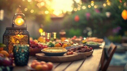 A warm and inviting Iftar table with a rich assortment of Middle Eastern on blurred background