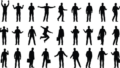 Set of Business Men Silhouettes, Vector Collection of Male Figures in Various Poses, Standing, Jumping, Gesturing, Full Length View, Black Shape.