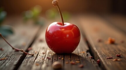 Single red cherry on rustic wood fruit food