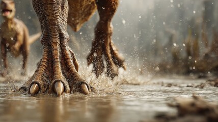 close-up of dinosaurs' legs splashing through water, droplets in the air, muddy banks, vivid textures, cinematic focus