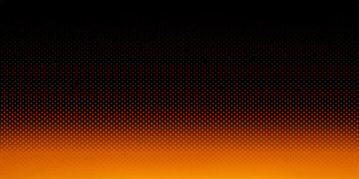 Abstract orange vector background featuring a digital halftone pattern of circular dots and wave elements with a dark grid texture for modern wallpaper design
