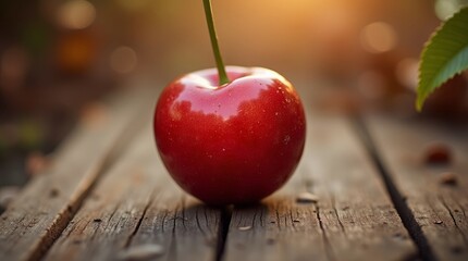 Single red cherry on weathered wood fruit stem