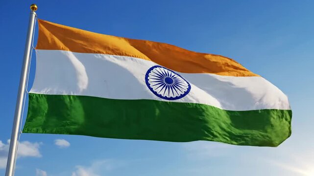 Vibrant flag with saffron, white, green stripes & blue chakra on pole waving gently against a bright blue sky