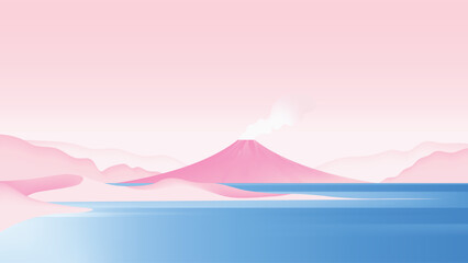Minimalist volcanic island landscape with large pink volcano emitting smoke, centered above a calm blue lake with pink landforms © momosama