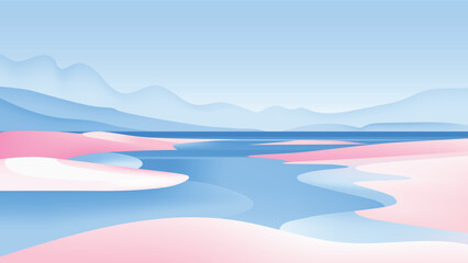 Minimalist estuary landscape with รslands and rocky outcrops surrounding a river mouth, with mountains and sky in the background © momosama