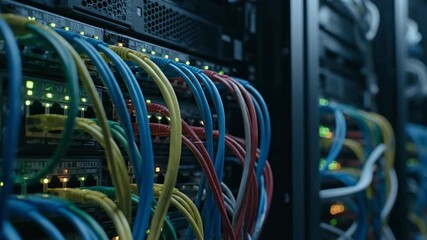 Intricate web of colorful network cables connecting server racks, symbolizing high-speed data flow and robust digital infrastructure in a modern data center - Powered by Adobe