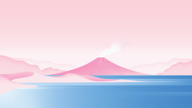 Minimalist volcanic island landscape with large pink volcano emitting smoke, centered above a calm blue lake with pink landforms