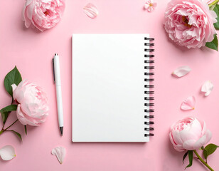 ジャーナリング用のノートとペン　瞑想　日記　ピンク背景　