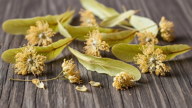 Linden flowers and bracts on a wooden surface.