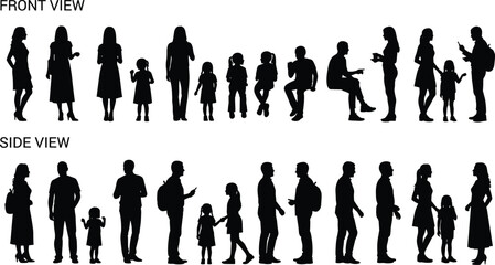 Vector set of diverse front and side view silhouettes, including men, women, and children, in various standing and sitting poses, isolated on white