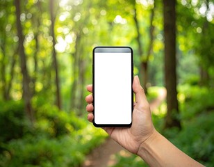 Hand holding phone with blank screen in sunlit forest