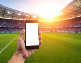 Hand holding blank phone screen with a stadium in the background