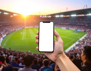 Hand holding phone with blank screen in front of crowded stadium