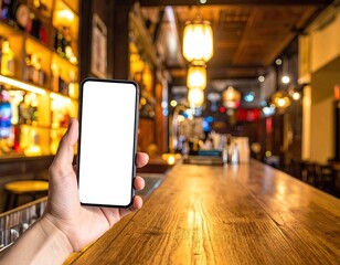 Hand holding blank phone screen in a dimly lit bar, blurred background