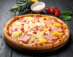 Close-up of a freshly baked pizza with pineapple and ham on a wooden surface