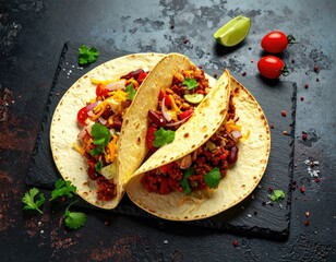 Two tacos with fillings and garnish, on a dark, textured surface