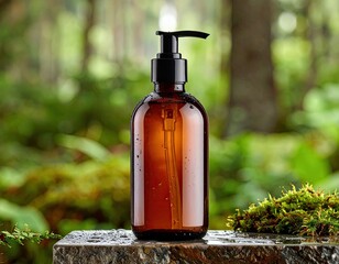 Amber bottle with pump, in a damp outdoor setting