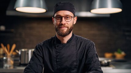 Confident chef portrait kitchen studio, professional cook teaching online class
