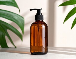 Amber glass dispenser bottle with black pump near monstera leaves