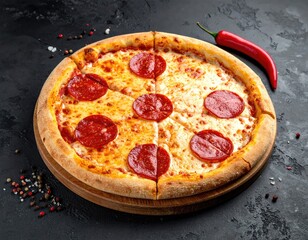 Overhead shot of pepperoni pizza on wood, chili pepper & spices