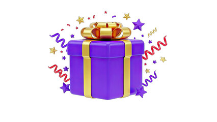 Gift Box with Ribbon and Confetti on White Background